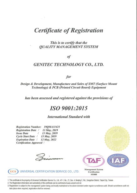 CHINA GENITEC DONGGUAN CO.,LTD certificaciones